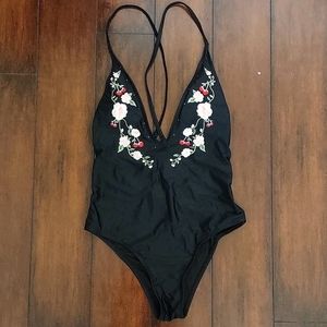 Cherry Blossom Rose Embroidered One Piece Swimsuit